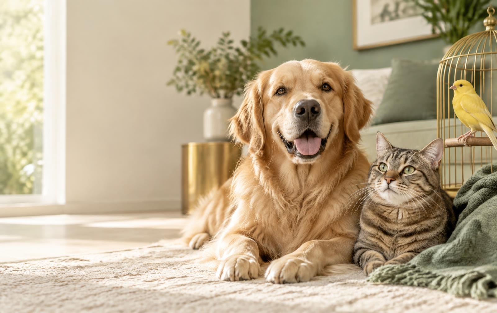 Cão, gato e canário juntos em casa